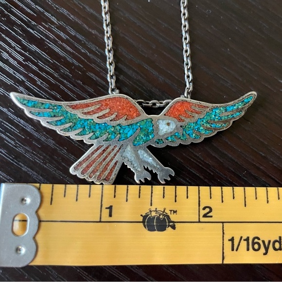 Vintage Silver Turquoise Coral Eagle Necklace - Picture 3 of 10
